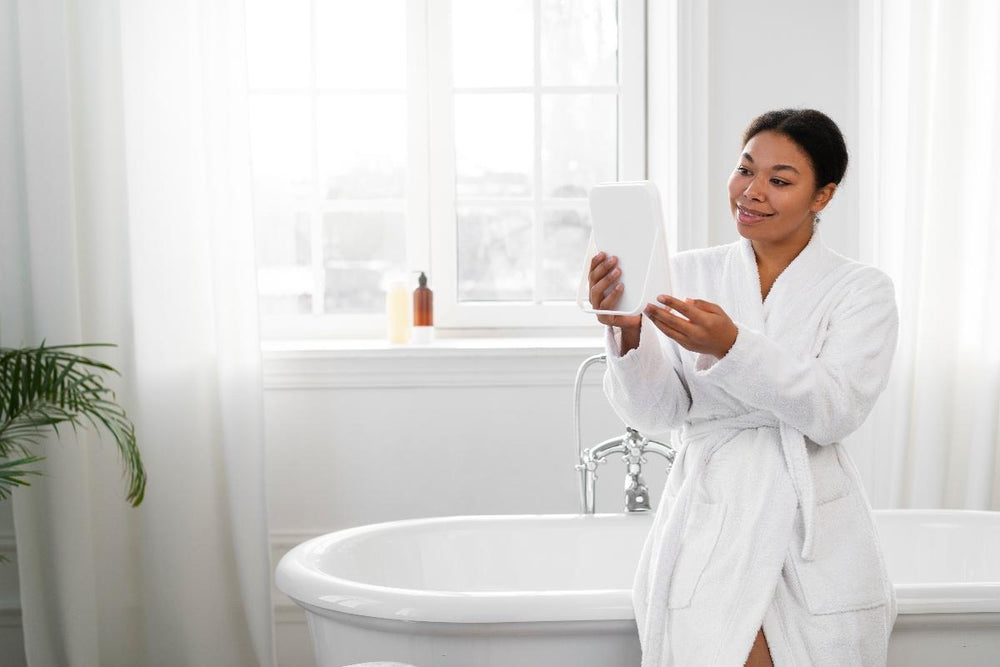 Femme qui se regarde dans le miroir