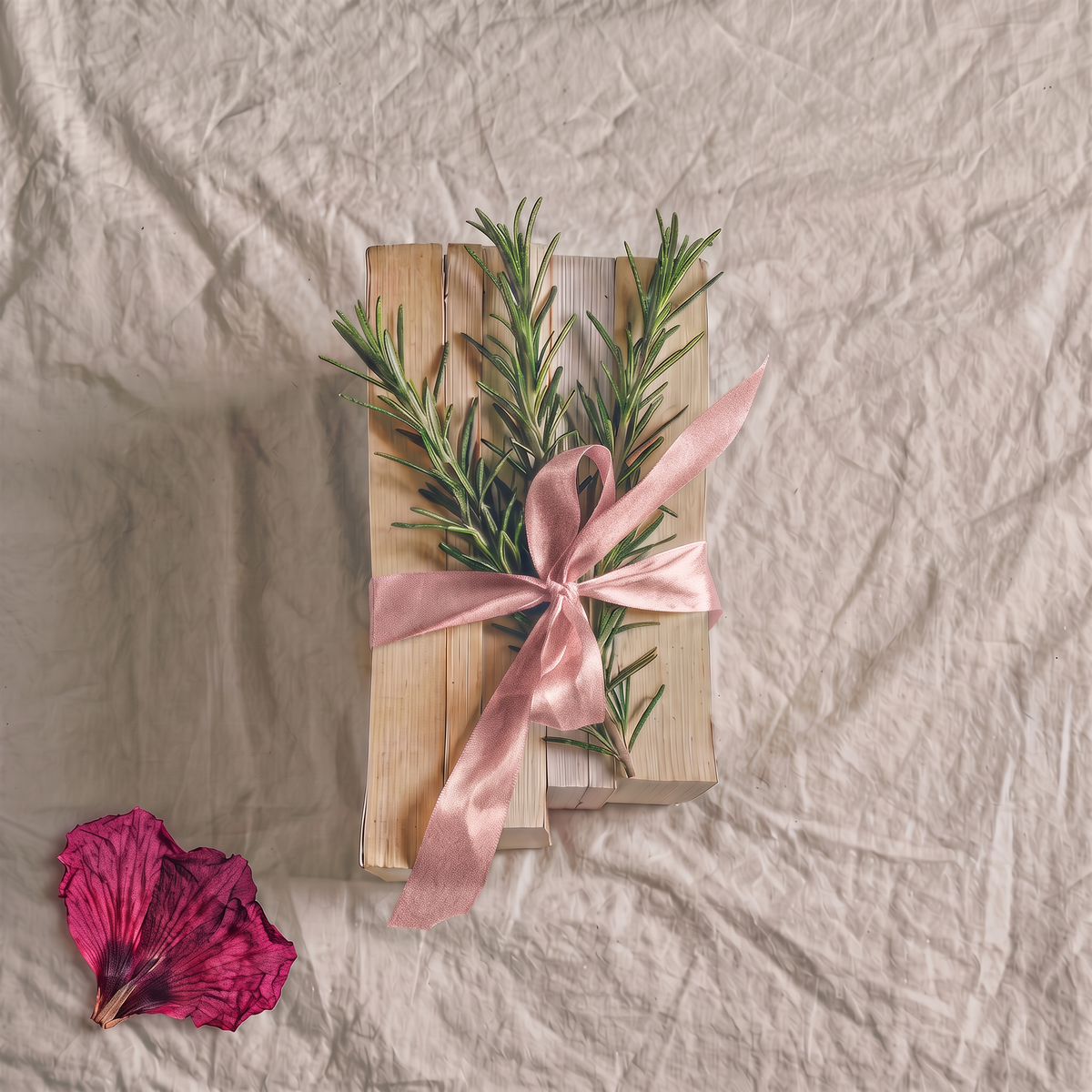 Branche de romarin nouée d'un ruban rose sur une planche, avec un pétale d'hibiscus, sur un drap beige