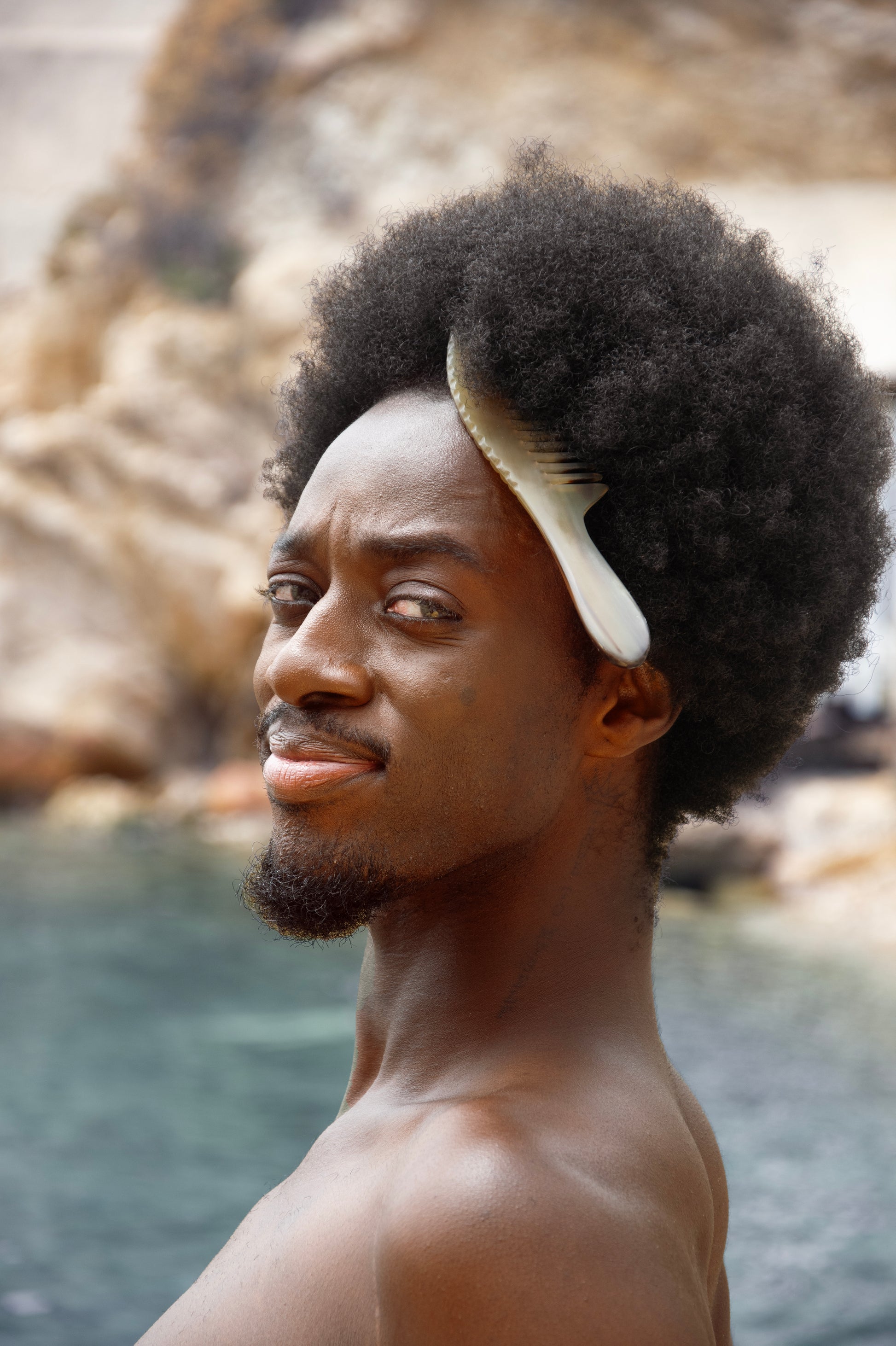 Homme noire avec un peigne afro dans les cheveux
