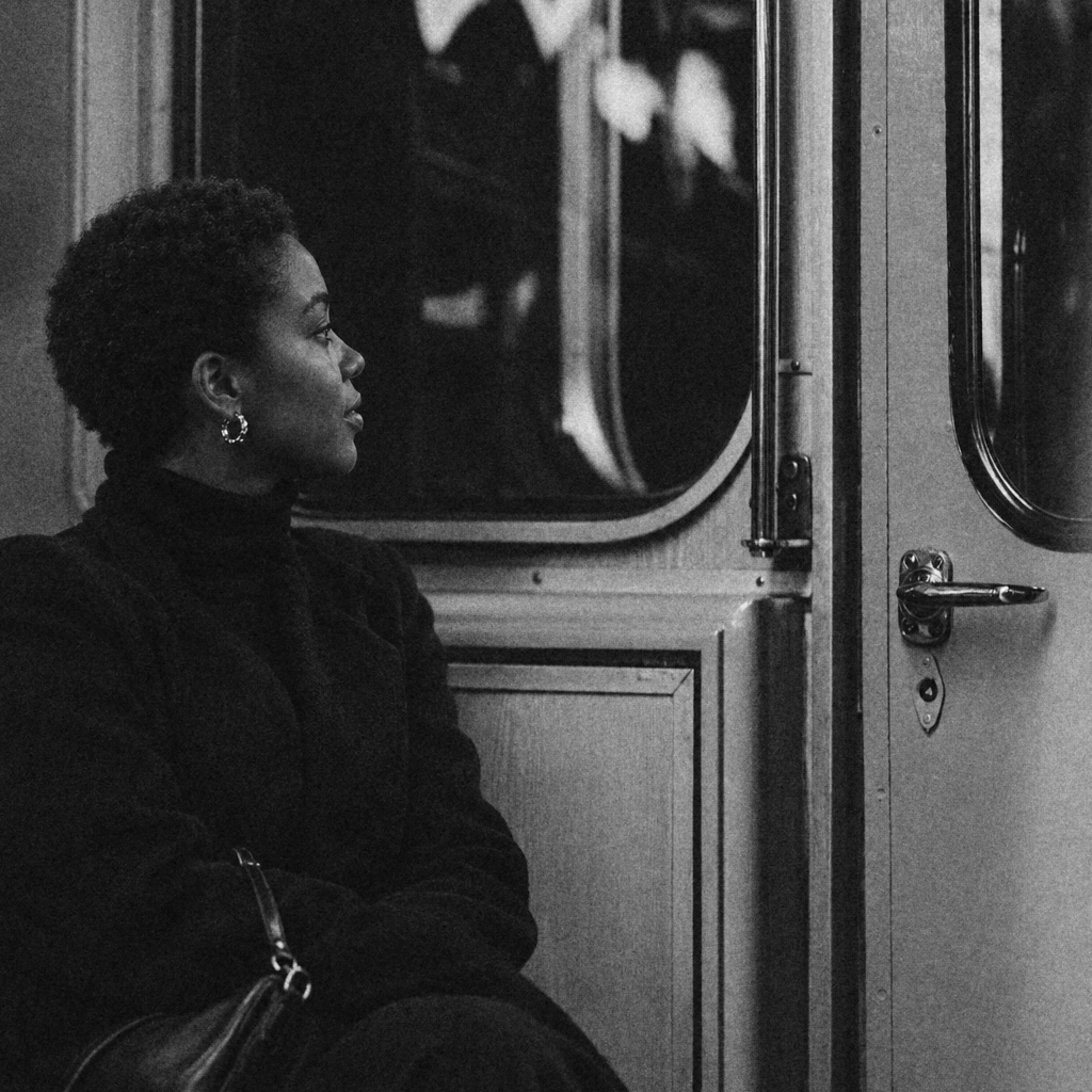 Portrait en noir et blanc d'une femme noire aux cheveux crépus courts, de profil près d'une porte vitrée